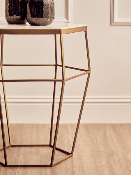 Hexagonal White Marble Top Side Table with Gold Iron Wireframe Base | Shalimar
