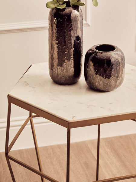 Hexagonal White Marble Top Side Table with Gold Iron Wireframe Base | Shalimar