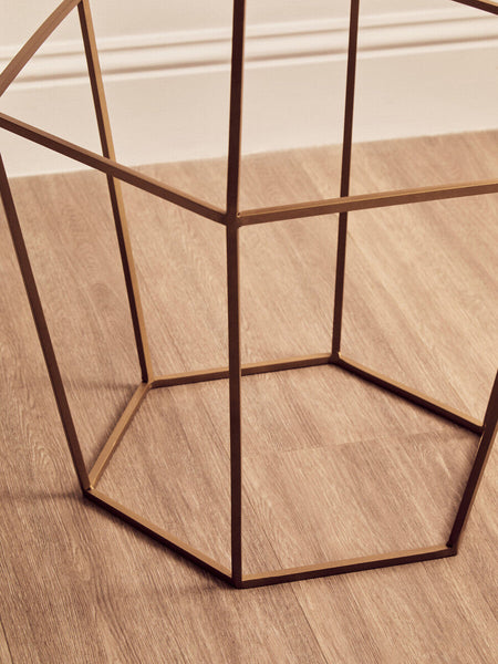 Hexagonal White Marble Top Side Table with Gold Iron Wireframe Base | Shalimar