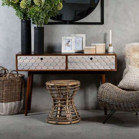 Costal Natural Carved Mango Wood 2 Drawer Console Table