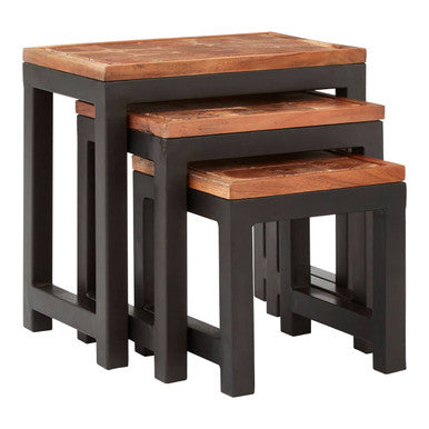 Natural Wood Top Nesting Tables Set of 3 with Black Metal Legs | Artisan