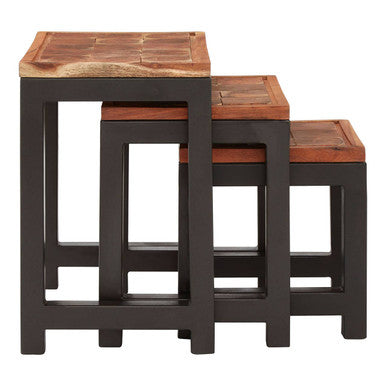 Natural Wood Top Nesting Tables Set of 3 with Black Metal Legs | Artisan