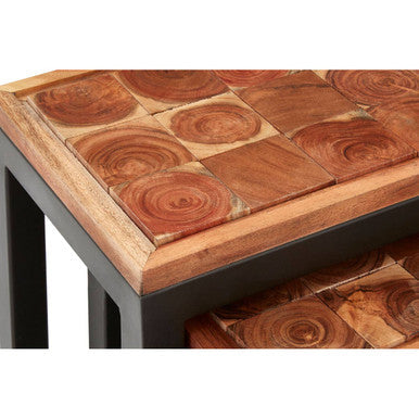 Natural Wood Top Nesting Tables Set of 3 with Black Metal Legs | Artisan