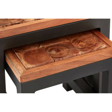 Natural Wood Top Nesting Tables Set of 3 with Black Metal Legs | Artisan