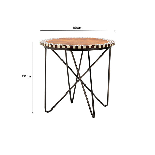 Natural Geometric Acacia Wood Round Side Table with Black Metal Legs | Artisan