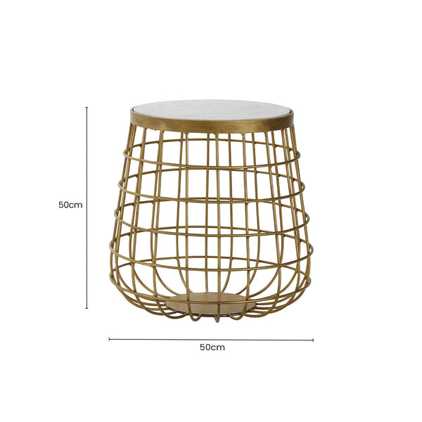 White Marble Top Side Table with Gold Brass Finish Latticed Metal Base | Nirav