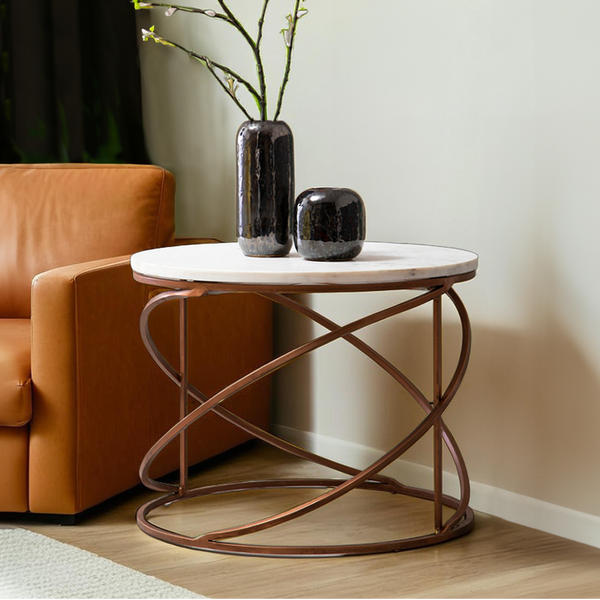Nirav White Marble Round Coffee Table with Brass Finish Base