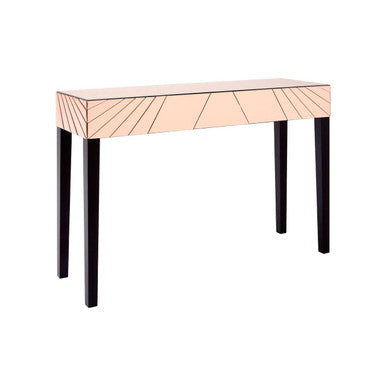 Rose Gold Mirrored Console Table with Sunburst Engraving and Black Legs | Kensington Townhouse