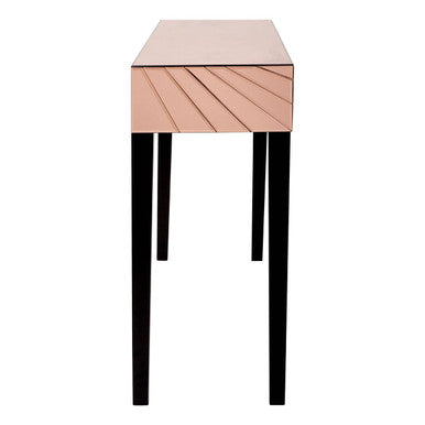 Rose Gold Mirrored Console Table with Sunburst Engraving and Black Legs | Kensington Townhouse