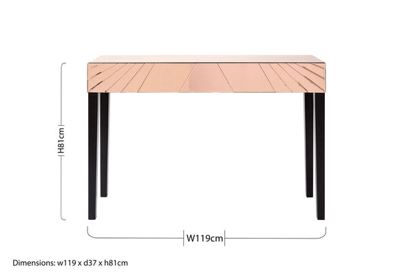 Rose Gold Mirrored Console Table with Sunburst Engraving and Black Legs | Kensington Townhouse