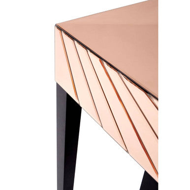 Rose Gold Mirrored Console Table with Sunburst Engraving and Black Legs | Kensington Townhouse