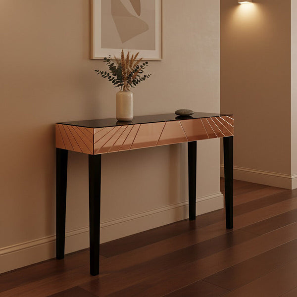 Rose Gold Mirrored Console Table with Sunburst Engraving and Black Legs | Kensington Townhouse