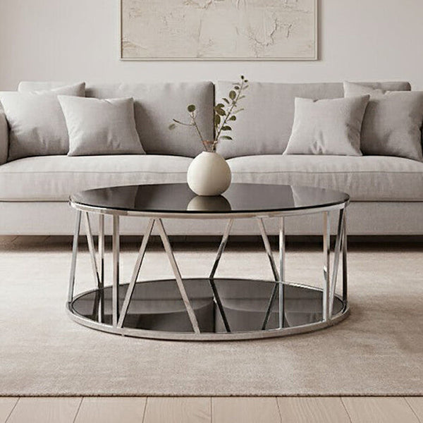 Alvaro Chrome Stainless Steel Coffee Table with Black Tempered Glass Top