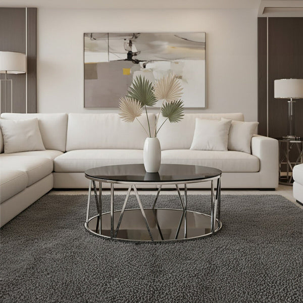 Alvaro Chrome Stainless Steel Coffee Table with Black Tempered Glass Top