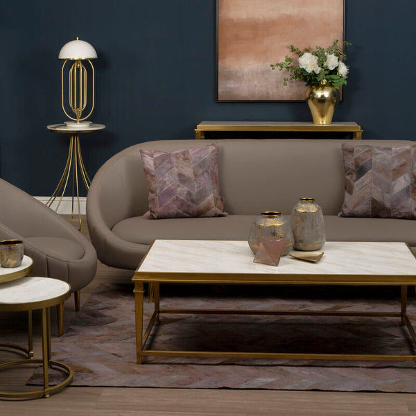 Rectangular White Marble Coffee Table with Warm Gold Stainless Steel Frame, Alvaro