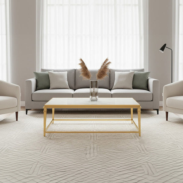 Rectangular White Marble Coffee Table with Warm Gold Stainless Steel Frame, Alvaro