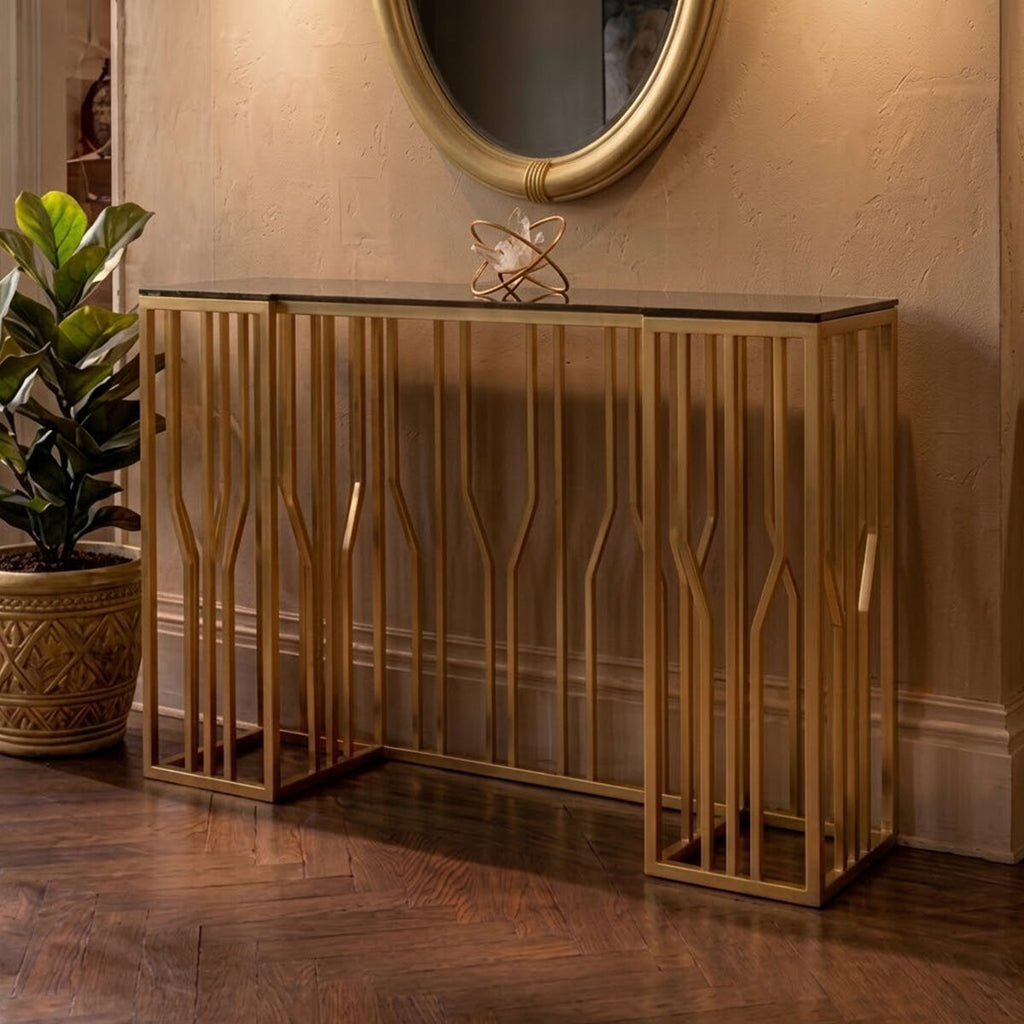 Alvaro Black Glass Console Table with Gold Finish Frame