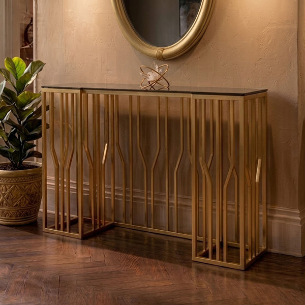 Alvaro Black Glass Console Table with Gold Finish Frame