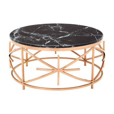 Alvaro Black Marble Round Coffee Table with Rose Gold Finish Frame
