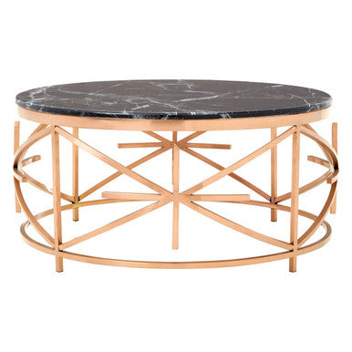 Alvaro Black Marble Round Coffee Table with Rose Gold Finish Frame