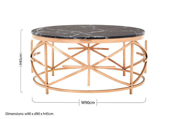 Alvaro Black Marble Round Coffee Table with Rose Gold Finish Frame