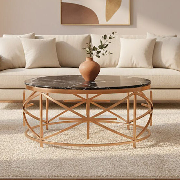 Alvaro Black Marble Round Coffee Table with Rose Gold Finish Frame