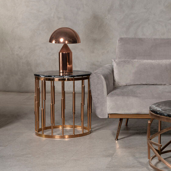 Alvaro Black Marble and Rose Gold Finish Round Side Table