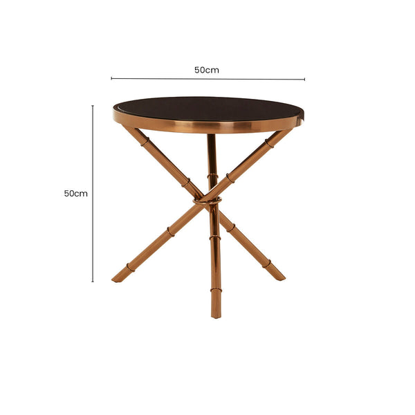 Alvaro Black Glass Round Side Table with Rose Gold Finish Frame