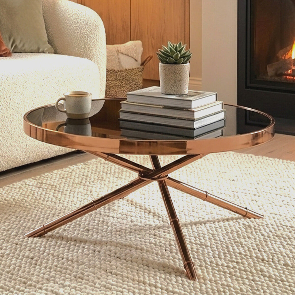 Alvaro Black Glass Round Coffee Table with Rose Gold Finish Frame