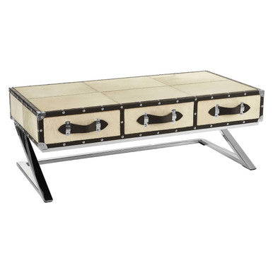 Mango Wood Three-Drawer Coffee Table with Leather Handles Black Trim and Stud Detailing | Kensington Townhouse