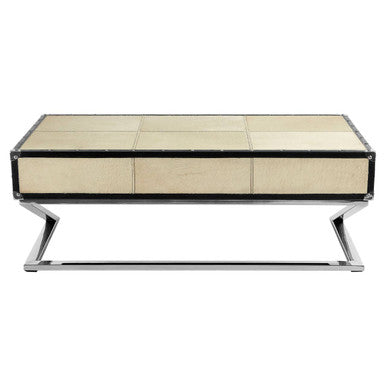 Mango Wood Three-Drawer Coffee Table with Leather Handles Black Trim and Stud Detailing | Kensington Townhouse