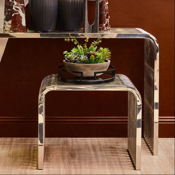 Vogue Clear Glass Side Table with Silver Finish Slatted Frame