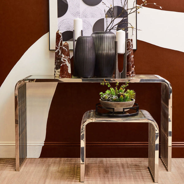 Vogue Clear Glass Side Table with Silver Finish Slatted Frame