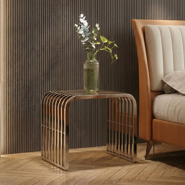 Vogue Clear Glass Side Table with Silver Finish Slatted Frame