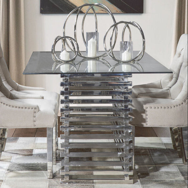 Silver Dining Table with Clear Tempered Glass Top | Vogue