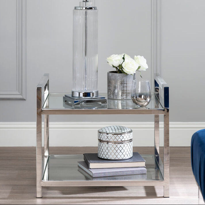 Silver Two Tier Square End Table with Glass Top | Vogue