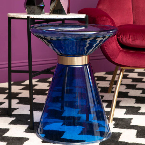 Martini Blue Glass Side Table with Gold Finish Ring
