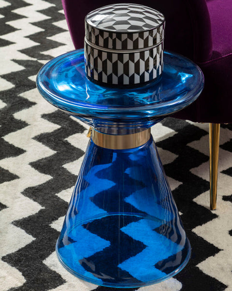 Martini Blue Glass Side Table with Gold Finish Ring