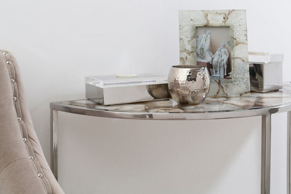 Vita White Agate Half Moon Console Table with Silver Finish Frame