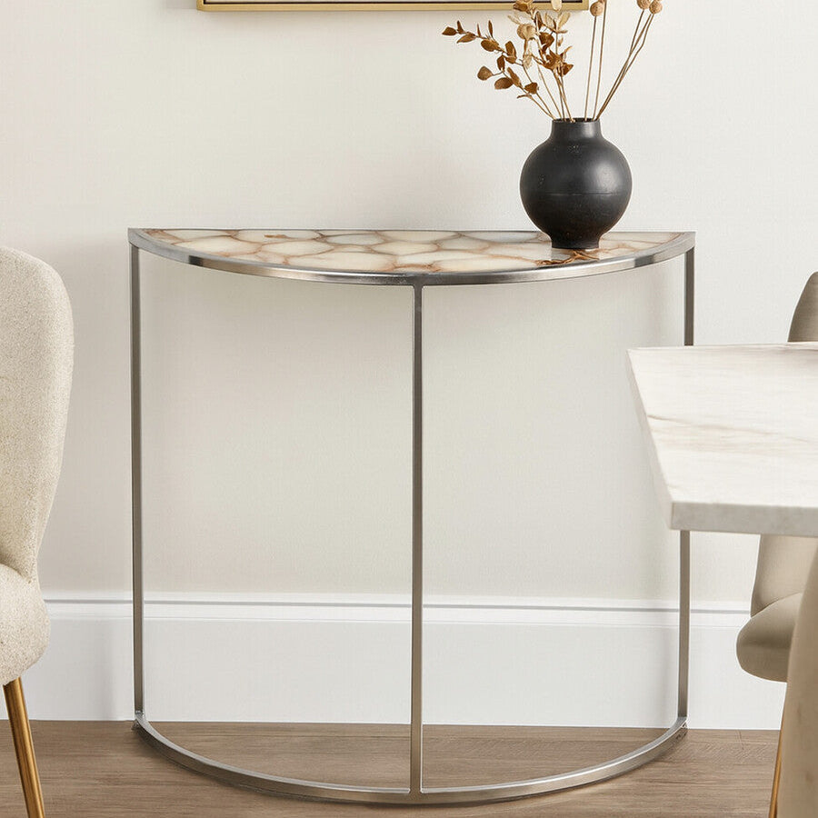 Vita White Agate Half Moon Console Table with Silver Finish Frame