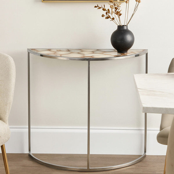 Vita White Agate Half Moon Console Table with Silver Finish Frame