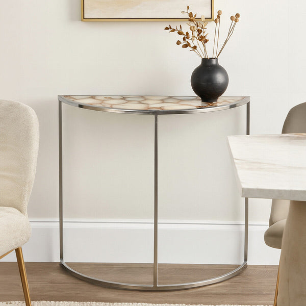 Vita White Agate Half Moon Console Table with Silver Finish Frame