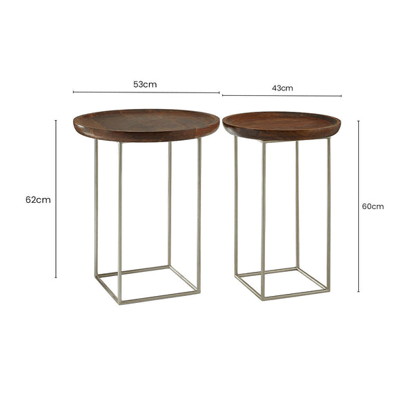 Set of 2 Side Tables with Reflective Silver Iron Legs and Wood Tops | Crest