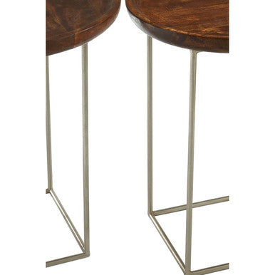 Set of 2 Side Tables with Reflective Silver Iron Legs and Wood Tops | Crest