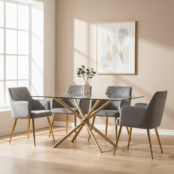 Clear Tempered Glass Top Dining Table with Rose Gold Metallic Sphere Base | Novo