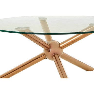 Clear Tempered Glass Top Dining Table with Rose Gold Angled Stainless Steel Legs | Novo