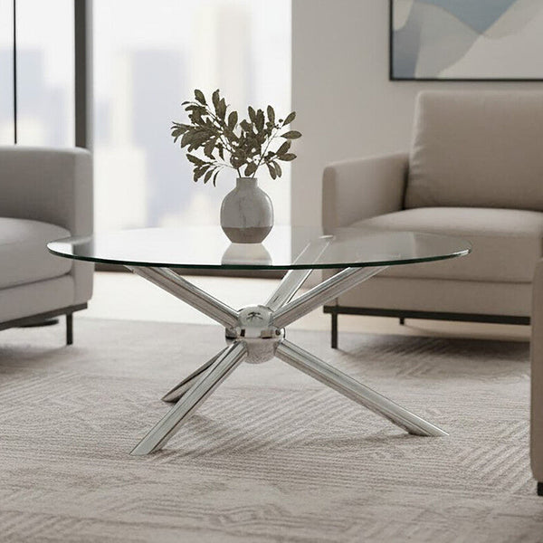 Round Silver Coffee Table with Tempered Glass Top | Novo