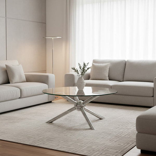 Round Silver Coffee Table with Tempered Glass Top | Novo