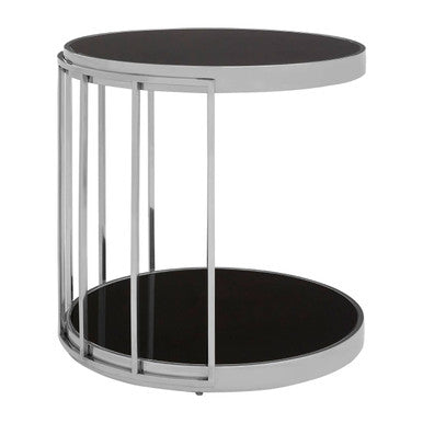 Silver Steel Cage Design Frame Side Table with Tempered Black Glass | Novo