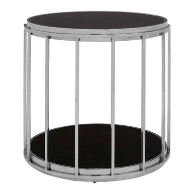 Silver Steel Cage Design Frame Side Table with Tempered Black Glass | Novo
